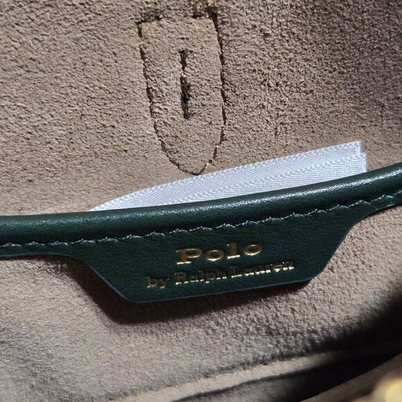 POLO RALPH LAUREN ID Leather Shoulder Bag Racing Green Gold small Crescent Purse - Picture 10 of 12